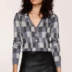 NWT Heartloom‎ Gray Slate Blue Checkered V-Neck Cardigan Sz XS Retro Academia